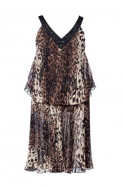 Chiffon-Plisseekleid m. Perlen, Leomuster