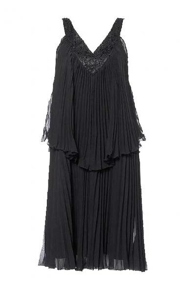 Chiffon-Plisseekleid m. Perlen, schwarz