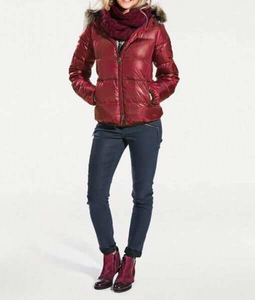 Daunenjacke m. Webpelz, kirschrot