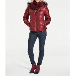 Daunenjacke m. Webpelz, kirschrot