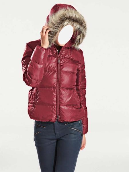 Daunenjacke m. Webpelz, kirschrot