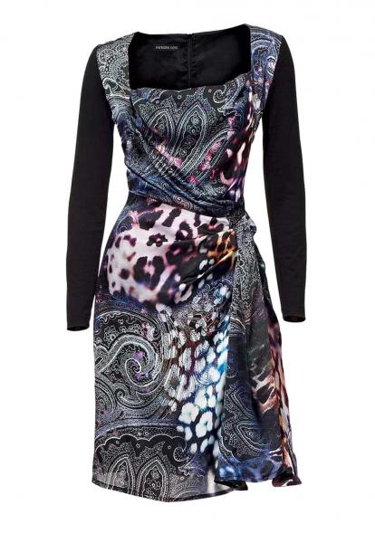 Designer silk dress, black and colorful