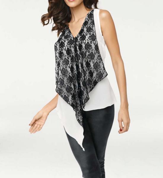 Designer-Spitzen-Chiffontop, schwarz-weiß
