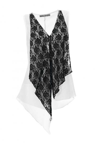 Designer-Spitzen-Chiffontop, schwarz-weiß