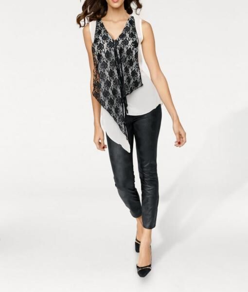 Designer-Spitzen-Chiffontop, schwarz-weiß