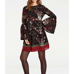 Volant-Druckkleid, braun-rot-bunt