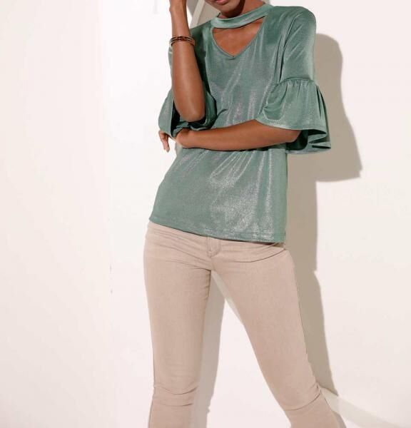 Volantshirt, grün-metallic