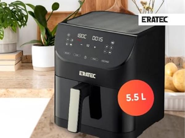 ERATEC AF-60 Heißluftfritteuse XXL 5,5L 1500W Air Fryer mit LED Touchscreen Display und 10 voreingestellten Programmen und Timer Funktion