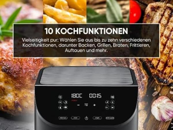 ERATEC AF-60 Heißluftfritteuse XXL 5,5L 1500W Air Fryer mit LED Touchscreen Display und 10 voreingestellten Programmen und Timer Funktion