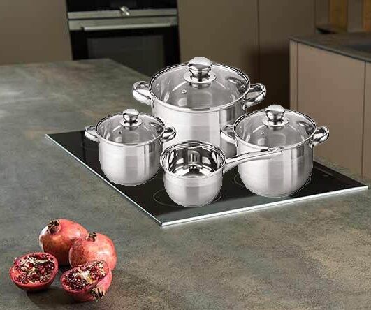 Topfset Induktion 7-teilig, Edelstahl satiniert, für alle Herdarten, Kochtöpfe mit Glasdeckel, Induktions Töpfe Set, Topf Set, Kochtopfset