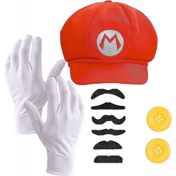 2 in 1 - Set Super Mario Kostüm mit Handschuhen, Schnurrbart, Mütze, Knöpfen als Kostüm für Fasching & Karneval