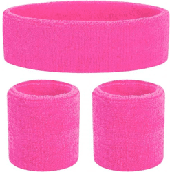 3 in 1 Schweißband pink Set mit Stirnband - als Accessoire Vokuhila Kostüm zu Retro neon 80er 90er Outfit Fasching & Karneval