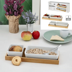 3-teiliges Serviergeschirr aus Bambus und Porzellan - Stilvolles Küchenzubehör für das Servieren von Speisen