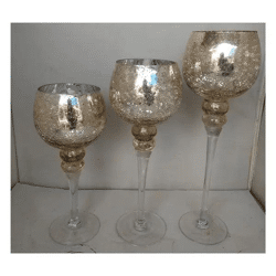 3er Set Champagnerfarbene Windlichter auf Fuß mit Crackle-Effekt für stilvolle Beleuchtung