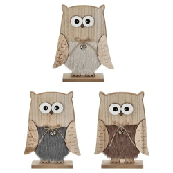 3er Set Große Eulenstatuen aus Holz auf Standfuß, 32cm Höhe