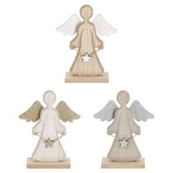 3er Set Holzengel auf Standfuß mit Glitzer, 16 cm Höhe