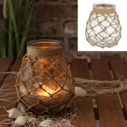 3er Set Kleine Windlichtgläser mit Netz, 19cm Hoch, Dekorative Kerzenhalter