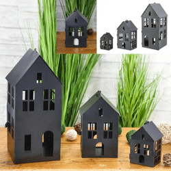 3er Set Schwarze Metallhäuser - Dekorative Miniaturhäuschen für Zuhause