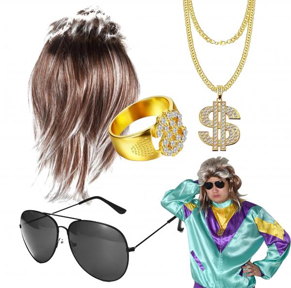 4 in 1 Vokuhila Set mit Assi Per&uuml;cke, Goldkette, Brille - f&uuml;r Fasching & Karneval f&uuml;r 80er 90er Kost&uuml;m