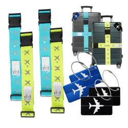 4er Kofferband & 4er Kofferanhänger Set farbig - als Adressanhänger für Koffer & Gepäck - Koffergurte zum Reisen & Fliegen