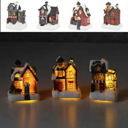 4er Set LED-Winterhäuser, Festliche Miniaturdeko, 6x8 cm