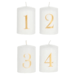 4er Set Weiße Stumpenkerzen mit Goldenen Zahlen 1-4 - Stilvolles Dekor