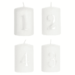 4er Set Weiße Stumpenkerzen mit Silbernen Zahlen 1-4 - Elegantes Kerzenset