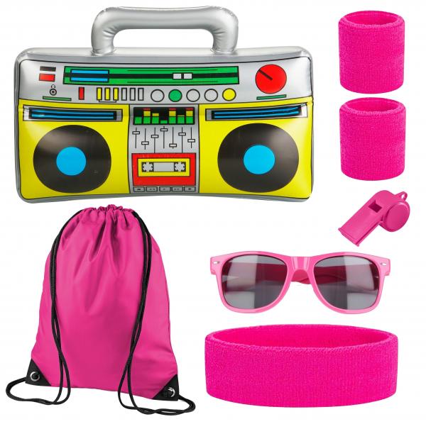 5 in 1 - Retro pink Set mit Stirnband & Ghettoblaster uvm. - als Accessoire Vokuhila Kost&uuml;m zu Retro neon 80er 90er Fasching & Karneval