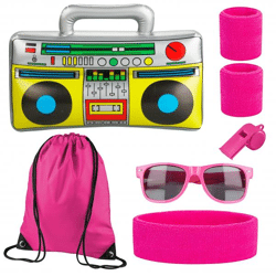 5 in 1 - Retro pink Set mit Stirnband & Ghettoblaster uvm. - als Accessoire Vokuhila Kostüm zu Retro neon 80er 90er Fasching & Karneval