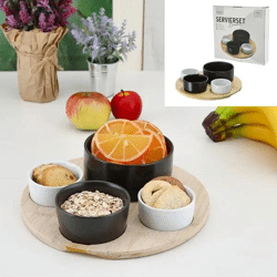 5-teiliges Servierset aus Bambus & Porzellan – Elegantes Tischzubehör