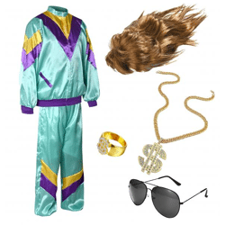 6 in 1 Vokuhila Set 80er Outfit Kostüm mit Unisex Trainingsanzug, Assi Perücke, Goldkette, Brille - für Fasching & Karneval