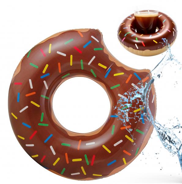 Aufblasbar angebissener Donut braun Ø 120 cm Schwimmring Schwimmreifen - Pool & Wasser mit Getränkehalter für Kinder & Erwachsene (Braun