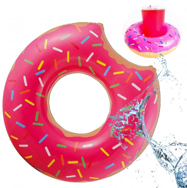 Aufblasbar angebissener Donut pink Ø 120 cm Schwimmring Schwimmreifen - Pool & Wasser mit Getränkehalter für Kinder & Erwachsene (Pinker