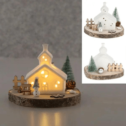 Beleuchtetes Keramikhaus auf Holzunterlage, LED-Lichterhaus mit rustikalem Flair