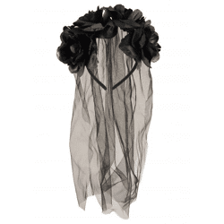 Braut Haarreif Mit Schwarzen Blumen & Schleier – Ideal für Halloween & Kostümpartys