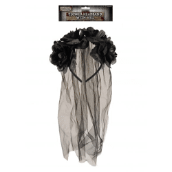 Bridal Headband With Black Flowers And Veil - Gothic High Time Accessory