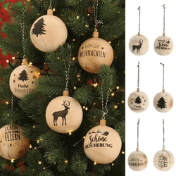 Christbaumkugel Holz Sprüche, 8 cm Durchmesser, 6er-Set – Rustikale Weihnachtsdeko