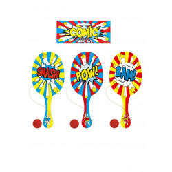 Comic Paddelschläger & Ball aus Holz, 22 cm, 3 verschiedene Designs – Outdoor-Spielset für Kinder