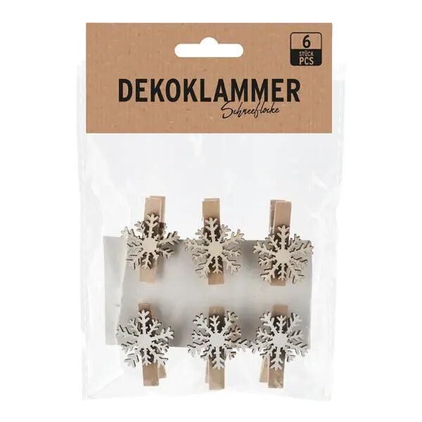 Dekoklammer Schneeflocke Holz 6er Set - Festliche Clips, Weihnachtsdekoration, Bastelzubeh&ouml;r