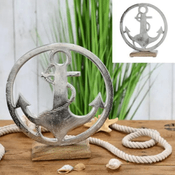 Eleganter silberner Anker im Kreis auf Ständer, 25 cm Durchmesser - Deko-Highlight