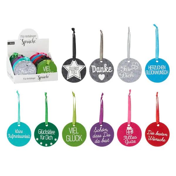 Filzanh&auml;nger mit Lebensweisheiten, Durchmesser 6 cm, 10er-Set