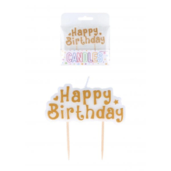 Gold-Weiß Glückwunschkerze Happy Birthday, 8,3x4 cm, 1 Stück - Geburtstagsdeko