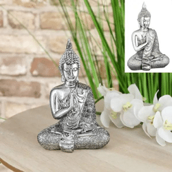 Große Buddha Statue Silber, Sitzend, 17,5cmH - Dekorative Zen-Figur