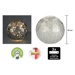Große LED-Glaskugel, Crackle-Optik, Silber, 15 cm Durchmesser - Elegante Beleuchtung