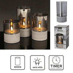 Große LED Kerze im Zementhalter, New Flame, 8x15cm