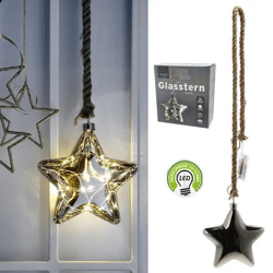 Großer LED Glasstern in Anthrazit, mit Juteseil, 15 LEDs, Ø 15 cm