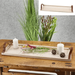 Großes Dekotablett aus Holz mit PU-Ledergriffen, Stilvolle Servierplatte