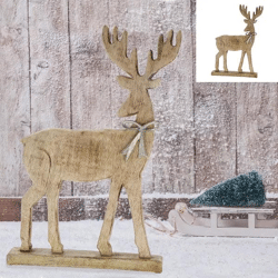 Großes Rentier mit silberner Schleife auf Standfuß - 54 cm hohe Weihnachtsdeko