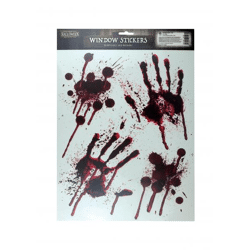 Halloween, Fensteraufkleber und blutige Fußabdrücke, zusammen mit den spezifischen Maßen.