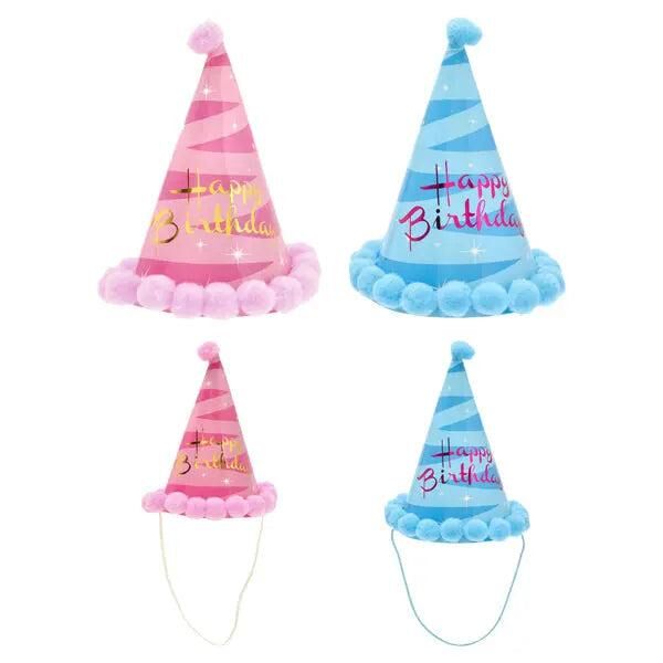 Happy Birthday Partyh&uuml;te mit POMPOM, 2er Set, Festliches Design, 19cm
